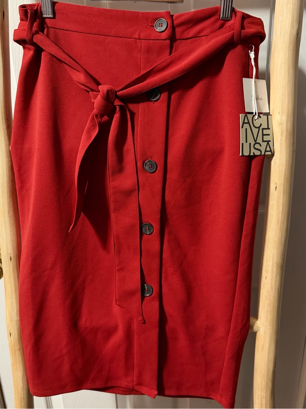 Active USA Red Button-Front Tie-Waist Pencil Skirt